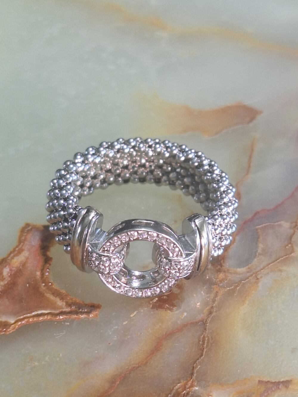 Dyadema Italy 925 Sterling Silver 14K Gold CZ Mesh Ring Size 7.5 Designer Band